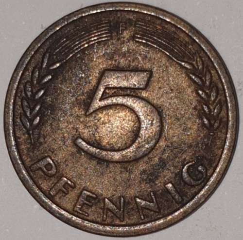 1950 F - 5 PFENNIG - FIVE PFENNIG - GERMANY - FEDERAL REPUBLIC - (Brass Clad Steel)